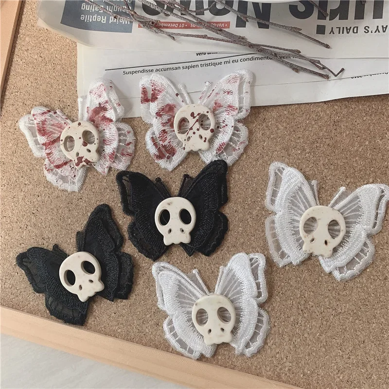 

Goth Handmade Injured Butterfly Skull Hairpin for Women Harajuku Nostalgic Pink Hair Accessories Halloween Party Alligator Clips