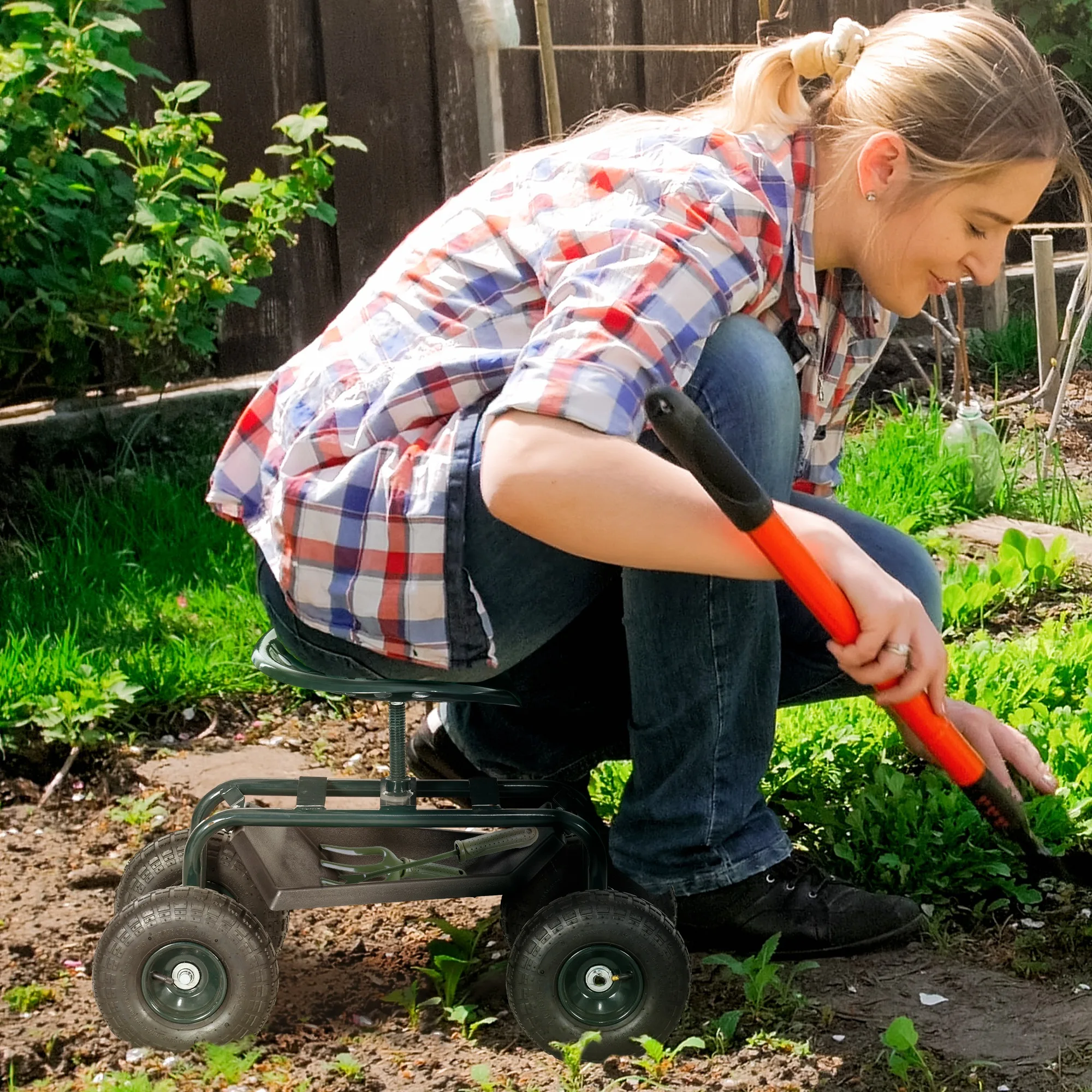 Outsunny tuinstoel zitstoel werkstoel rolstoel dus ° en in hoogte verstelbaar met gereedschapslade max. Kg 150 groen