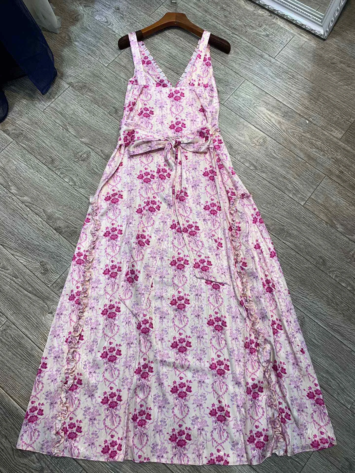 Women Pink Flower Print Midi Dress Ruffles Edge Split V-Neck Sleeveless Lace-up Waist Holiday Slim Robe
