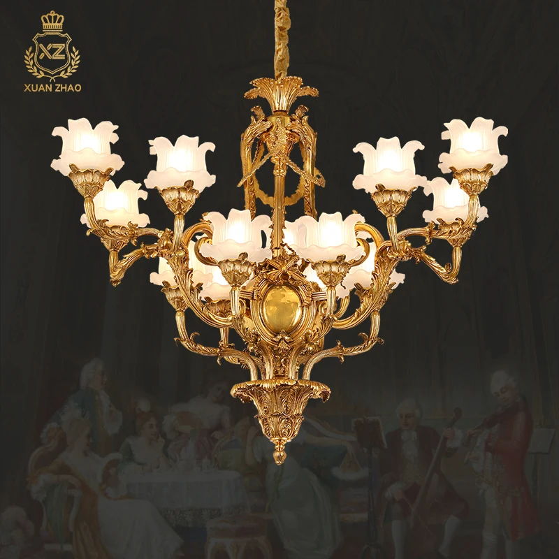 Lustre de luxe français en cuivre, Design Floral impérial tout en Bronze à deux couches, lampe en cuivre sculptée de façon complexe, Art fait à la main