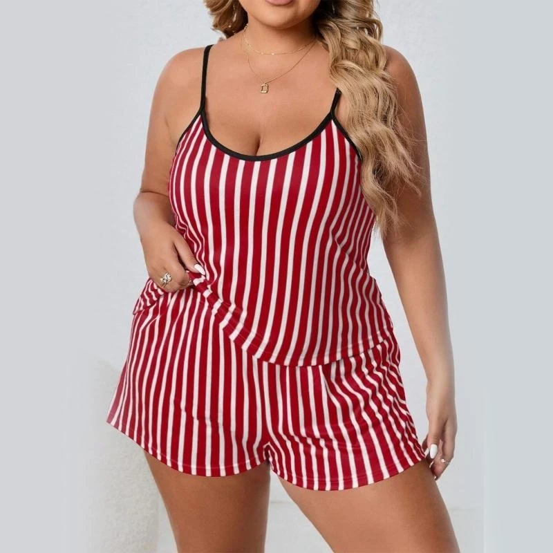 

Q22D, 2 шт., большой размер, женская бретелька и шорты, пижамный комплект, одежда для сна с принтом в вертикальную полоску,