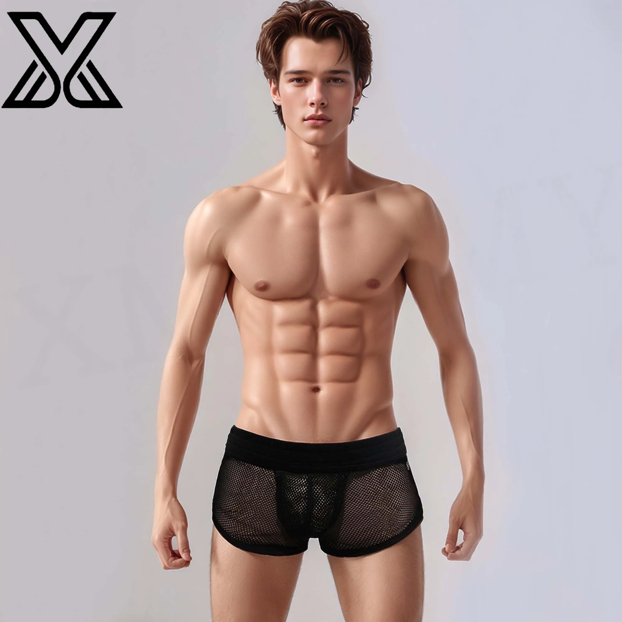 

XMJXMY Мужские сексуальные сетчатые однотонные полые шорты с разрезом по бокам, сексуальный тонкий купальник