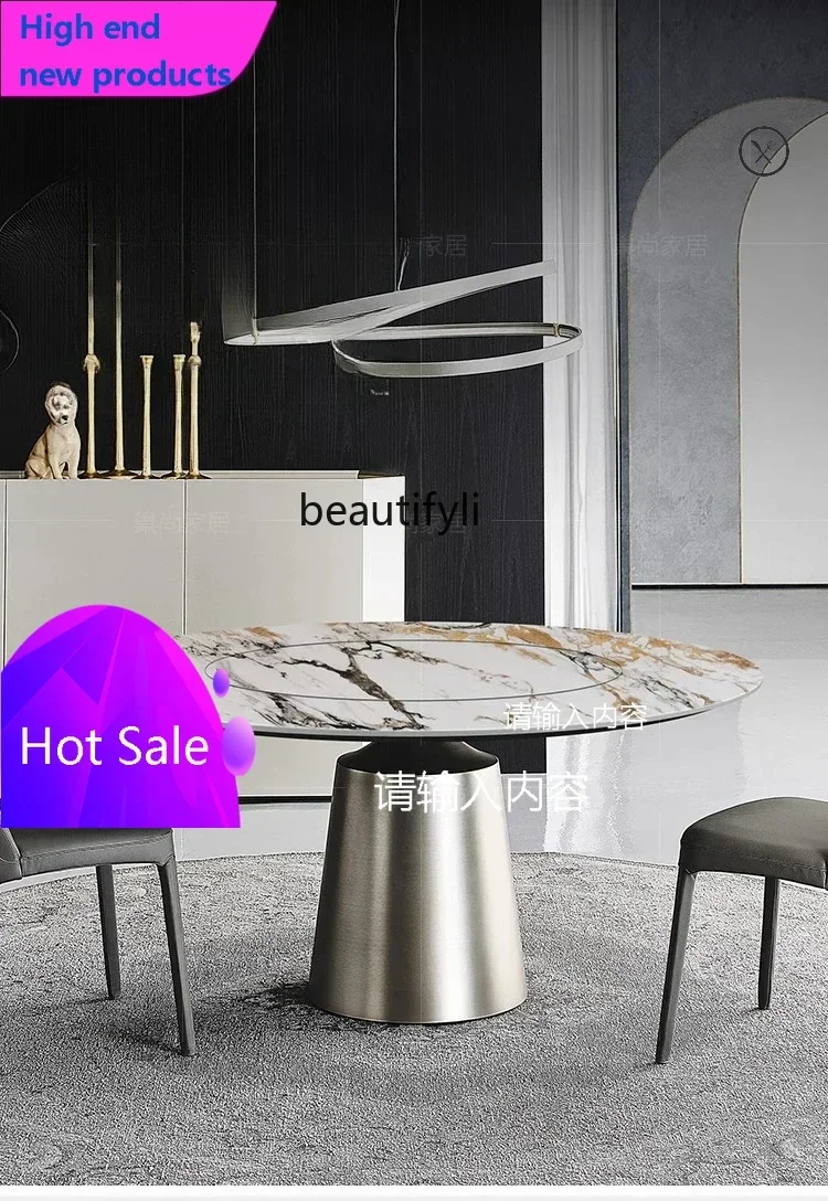 54Slate dining table Italian light luxury household round marble dining table with turntable