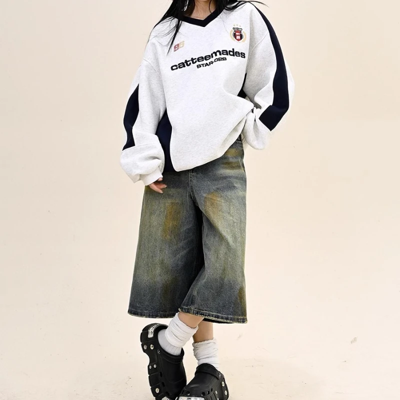 

High Waist Retro Washed Denim Shorts Women's Summer Harajuku Vintage Fashion Casual Loose Y2K Streetwear Wide Leg Jeans Pants