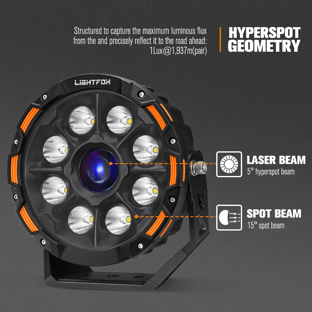 LIGHTFOX IP68 Waterproof Offroad Led Spot Lights 4x4 Round 9 Inch Laser Driving Lights 4x4 Spotlights