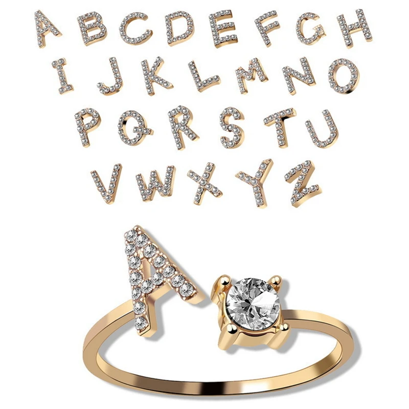 Adjustable Initial Crystal Inlaid Rings for Women Golden Letters A-Z 26 Alphabet Open Rings Personalized Jewelry Gift Party