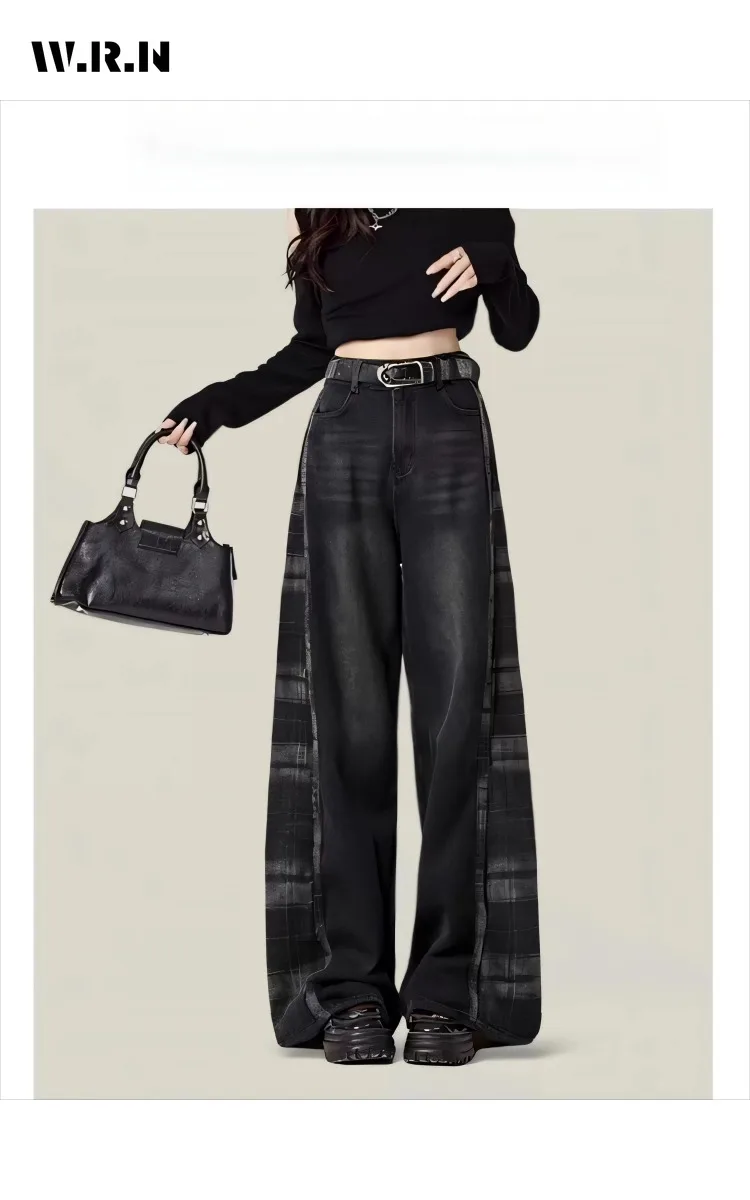 

Винтажные клетчатые лоскутные эстетические джинсы в стиле Харадзюку, женские повседневные стильные брюки со шваброй Y2K, джинсовые брюки полной длины в стиле панк