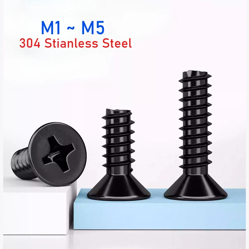 M1 M1.2 M1.4 M1.7 M2~M5 Black 304 Stianless Steel Cross Countersunk Head Flat Tail Cutting Tail KB Self Tapping Screw