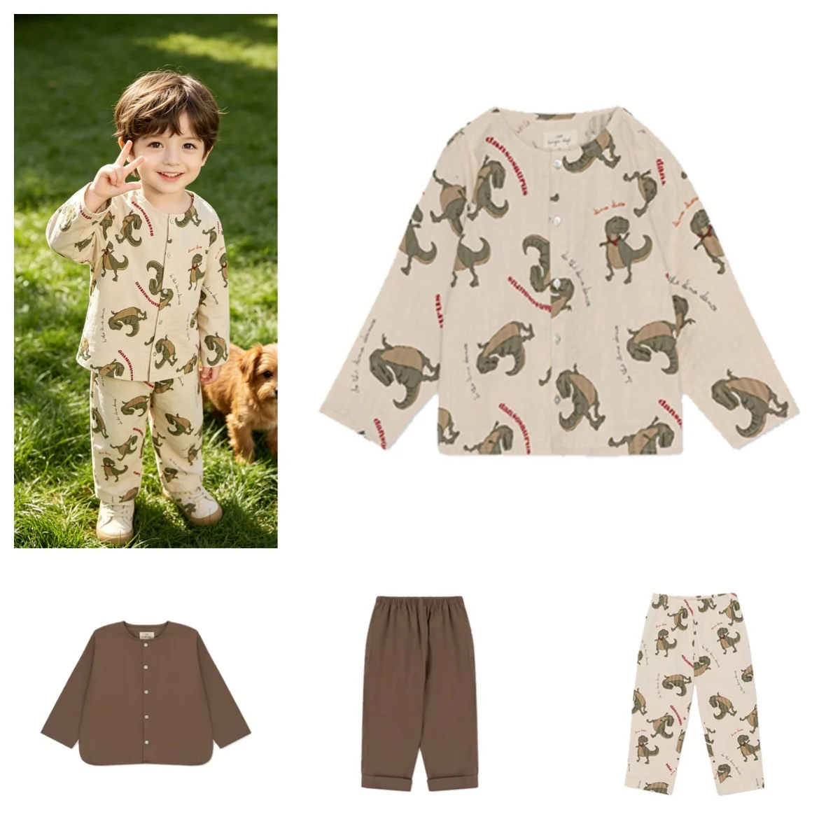 Autumn KS Kids Dinosaur Themed Long Sleeve Clothing Set for Boys Girl- Printed T-Shirt And Pants Ensemble for Nursery School