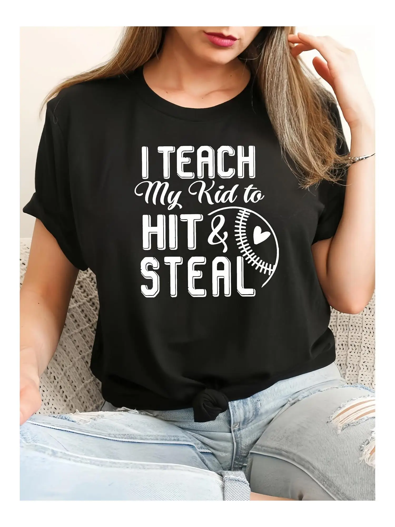 

Women's Baseball Graphic T-Shirt "I TEACH my to HIT STEAL" Slogan Black with White Lettering Soft Stretch Round Neck Casual Tee