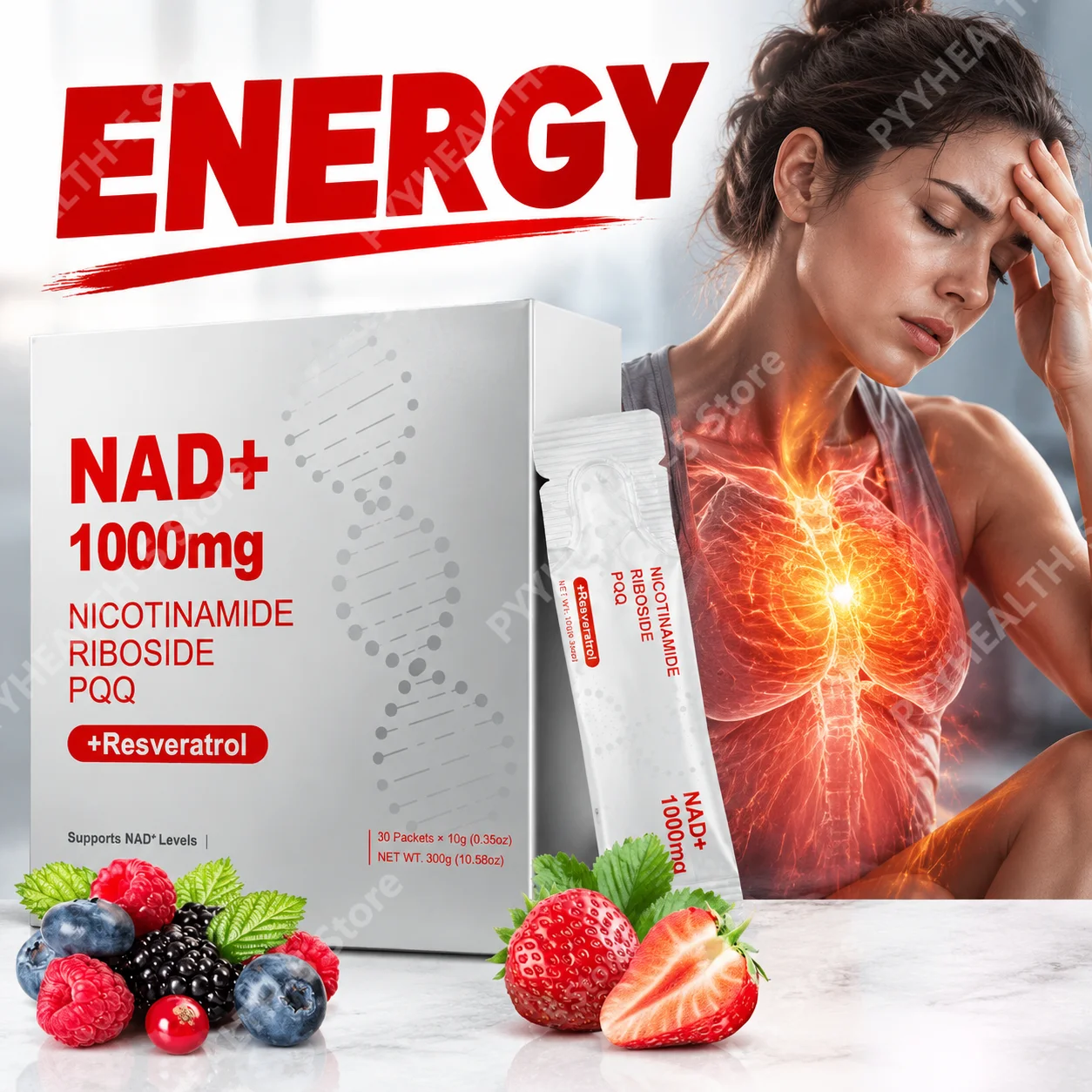 NAD+ Liquid Supplement 1000mg Boost Cellular Energy Reverse Fatigue Boost Cognitive Clarity Resveratrol PQQ Formula, 30 Packets