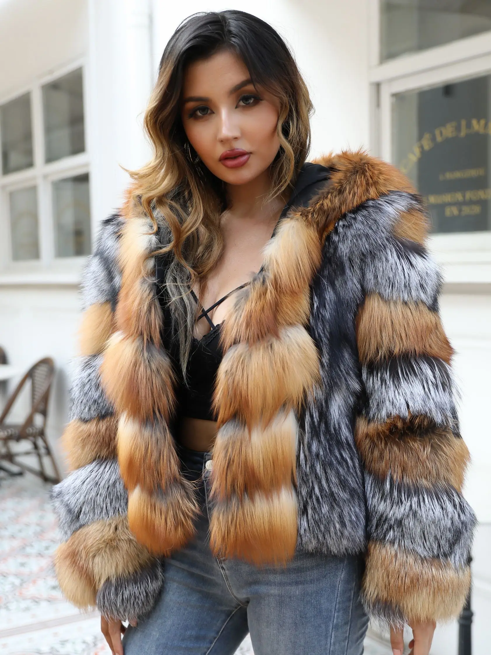 JANEFUR Fox Fur Coat with Hood Women 2022 New Luxury Mixed Red Silver Fox Thick Warm Winter Real Fur Jackets