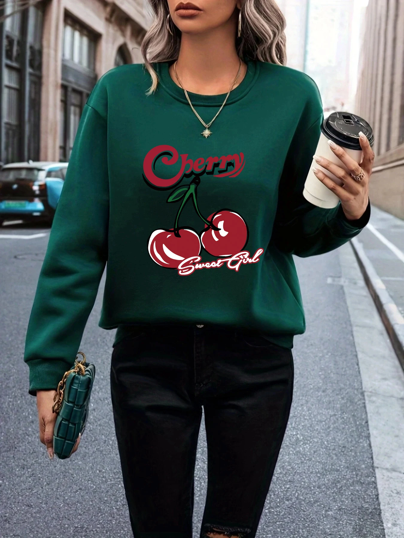 Sweet Cool Cherry Fruit Text Print Green Trend Hoodless Top, New Wave Versatile Sweatshirt Comfort Women\'s