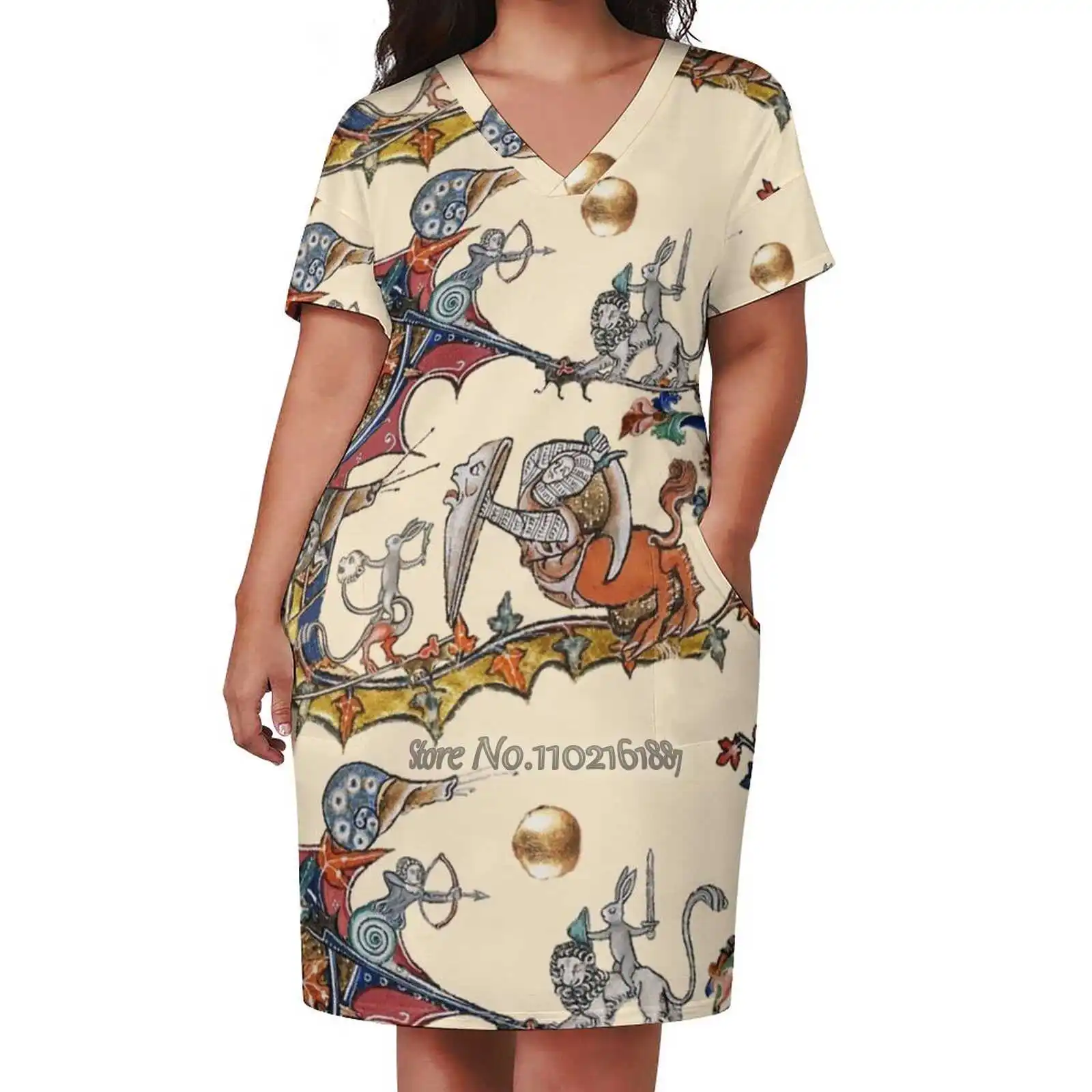 Weird Medieval Bestiary War Between Snails And Killer Rabbits V-Neck Short Sleeve Skirt Korean Kawaii Skirts Party Dresses