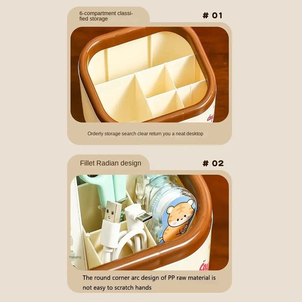 Cartoon Desktop Pen Holder Large Capacity Multi Grid Pencil Organizer Non-slip with Random Stickers Desktop Container Home