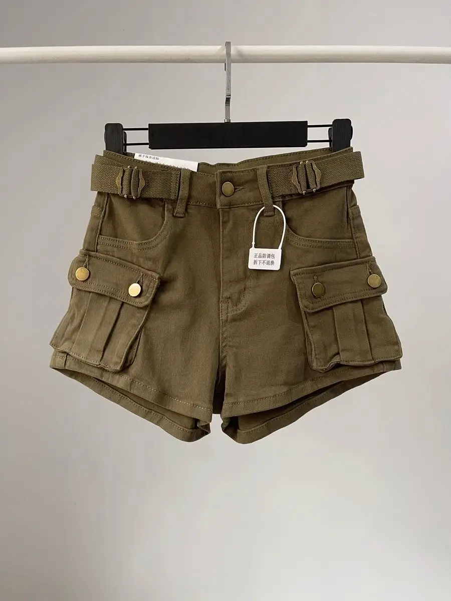 Women Denim Shorts Solid Cargo Short Button Pocket Mini Length Zipper Fly Empire Waist Loose Fit Streetwear Casual 2026 Summer