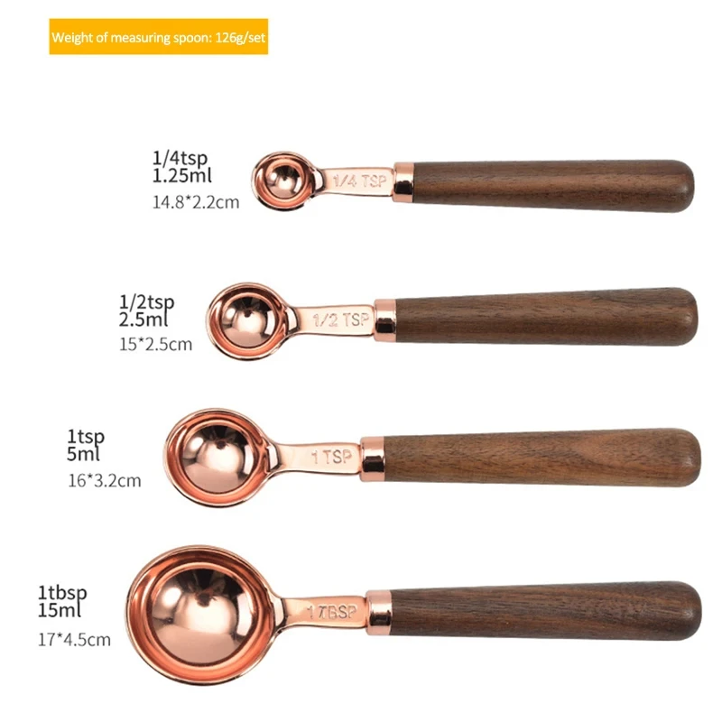 4pcs/Set Stainless Steel Measuring Cups Kitchen Dosing Spoons Set Wooden Handle Kitchen Milk Coffee Cake Baking Measuring Spoon