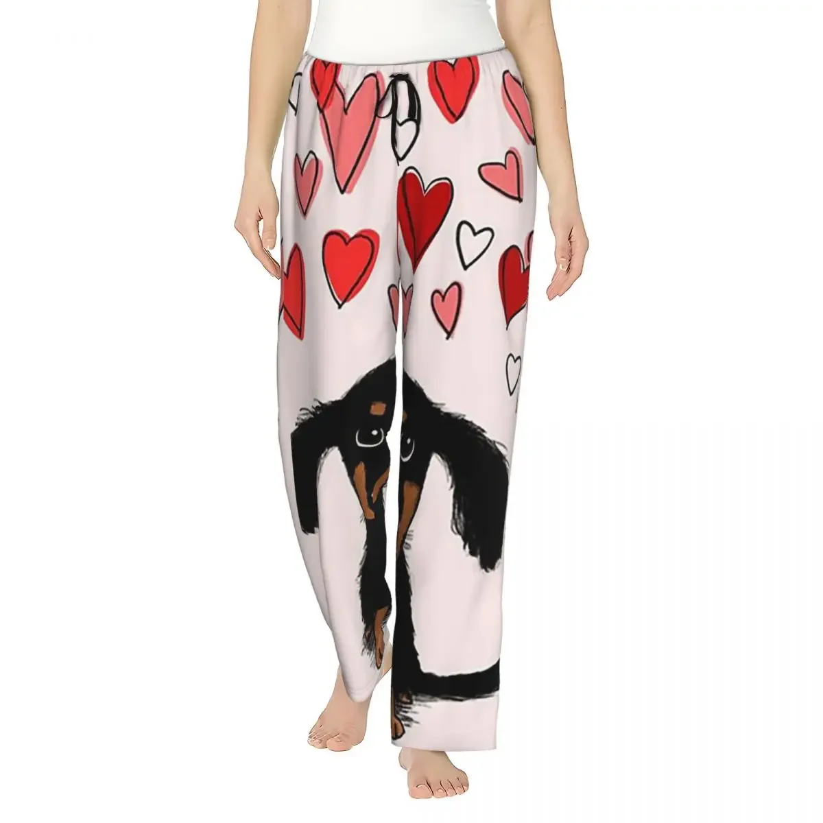 

Custom Cute Dachshund Puppy Dog With Valentine Hearts Women Pajama Pants Lounge Sleep Sleepwear Bottoms with Pockets