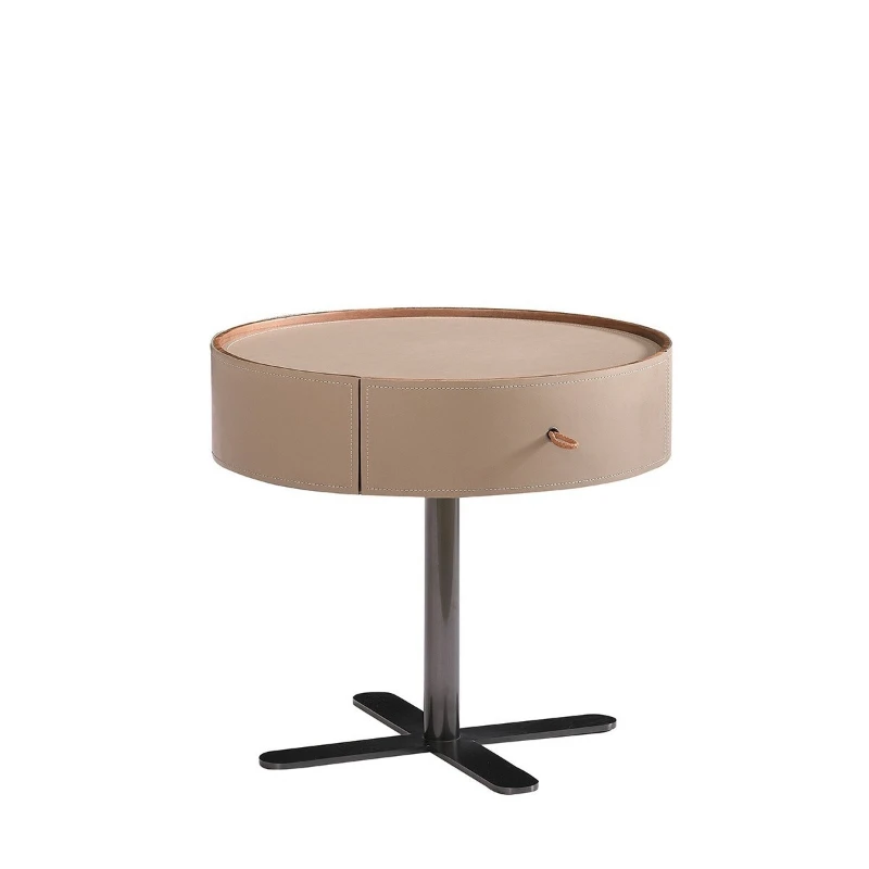 

Italian minimalist saddle leather bedside table designer round solid wood bedside table