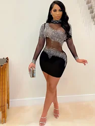 81093 European and American Women's Fashion Small High Collar Hot Diamond Splicing Mesh Sexy Dress