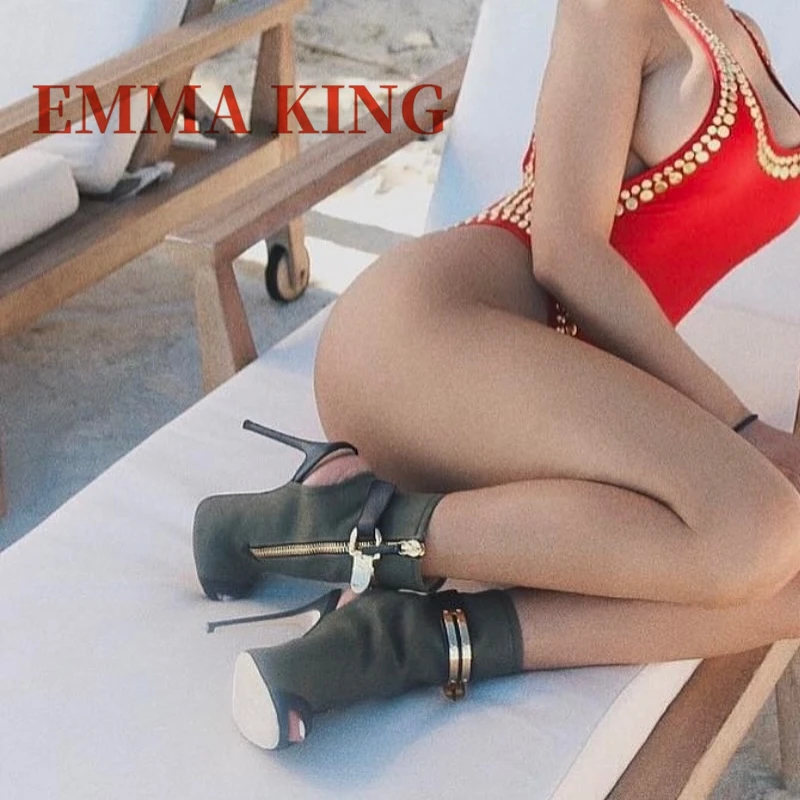 الجيش الأخضر قماش حذاء من الجلد مثير خنجر الكعوب الذهب مشبك معدني ديكور أحذية بوت قصيرة الجانب سستة المفتوحة تو رقيقة أحذية عالية الكعب