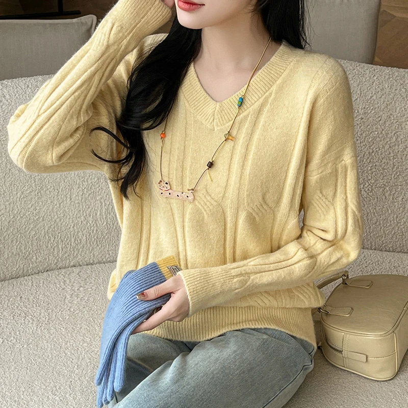 Pull torsadé Vintage à col en v pour femme, manches longues, coréen, décontracté, ample, bas, nouvelle collection automne hiver 2025