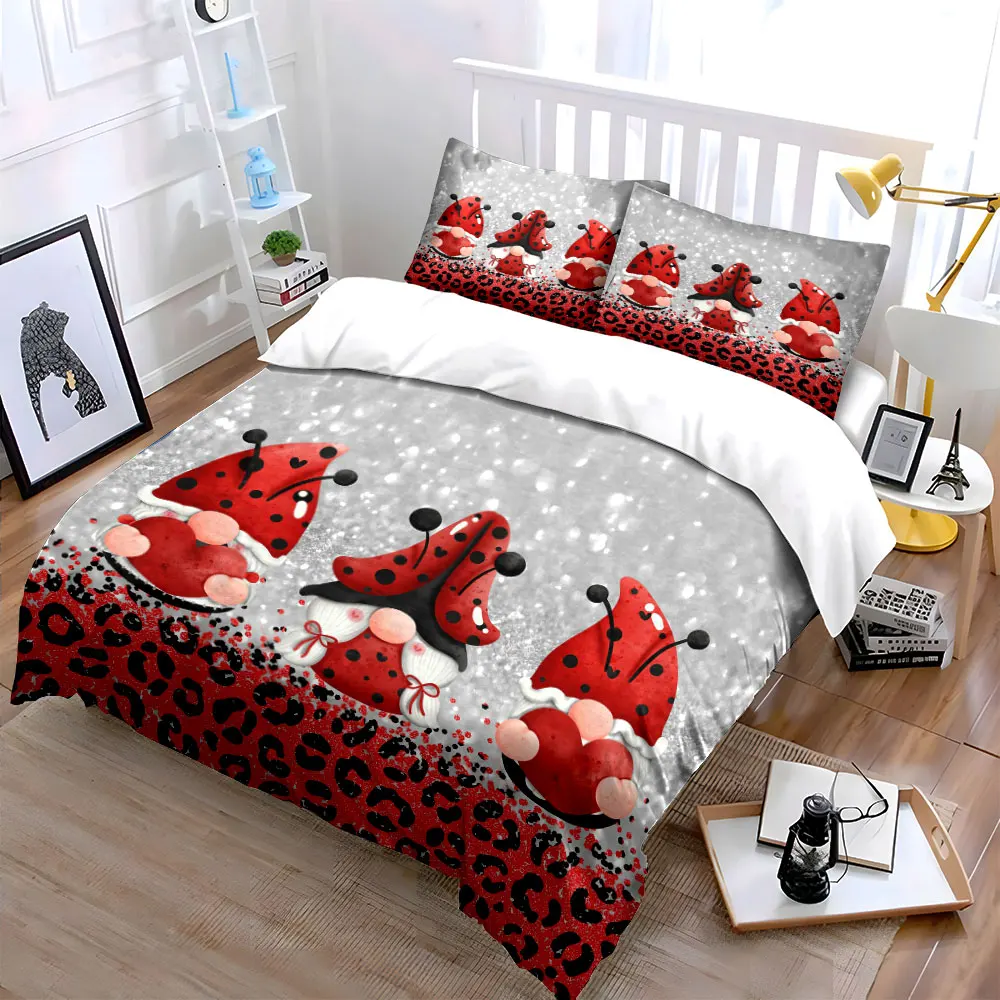 Red ladybug-themed gnome decoration Duvet Cover Set with 3D Printing Design Soft Polyester Bedding Set All-Season Comfort