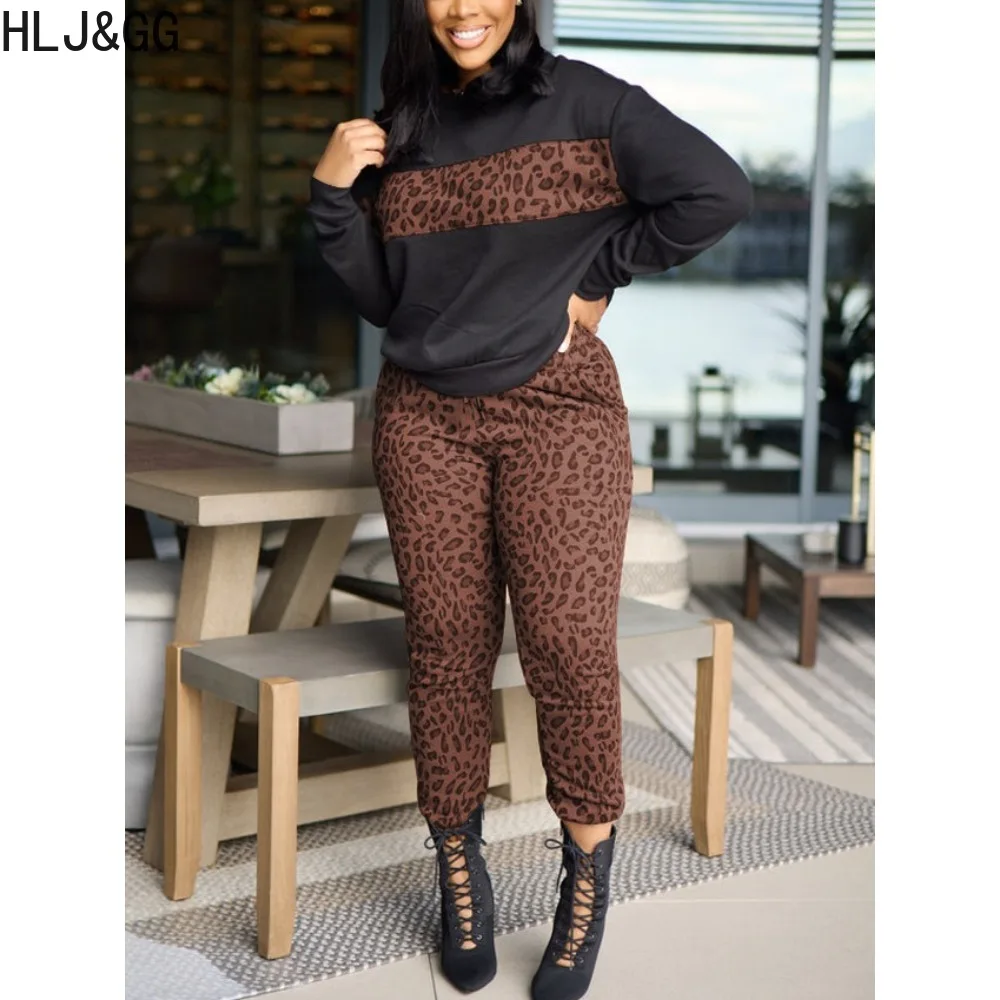 

HLJ&GG Fashion Leopard Print Jogger Pants Tracksuits Women Round Neck Long Sleeve Pullover + Pants Two Piece Sets Casual Outfits