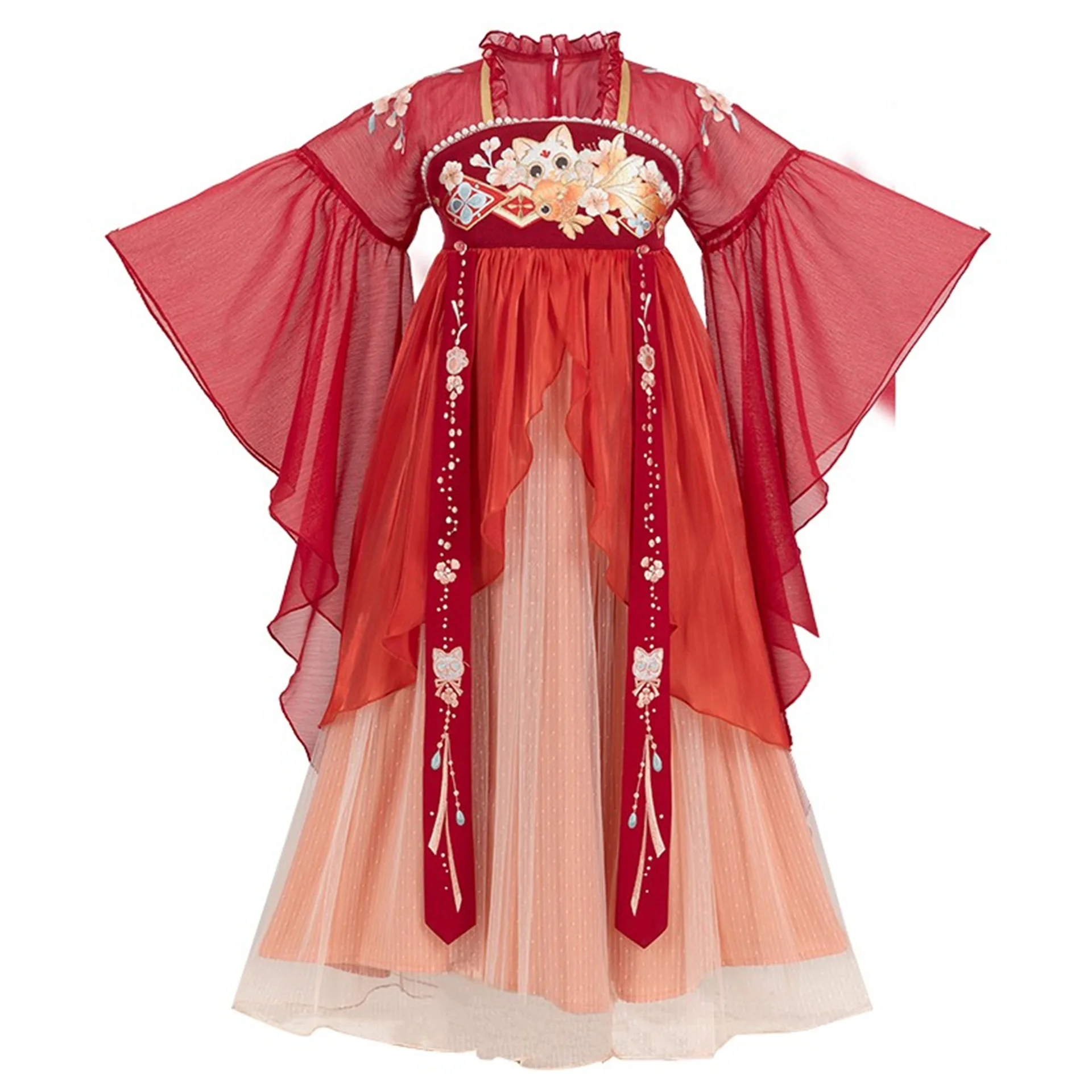 2024 Red New Spring Hanfu Dress Kids Girls Chinese Animal Ancient Fairy One-Piece Shirt Carnival Cosplay Costume Children For