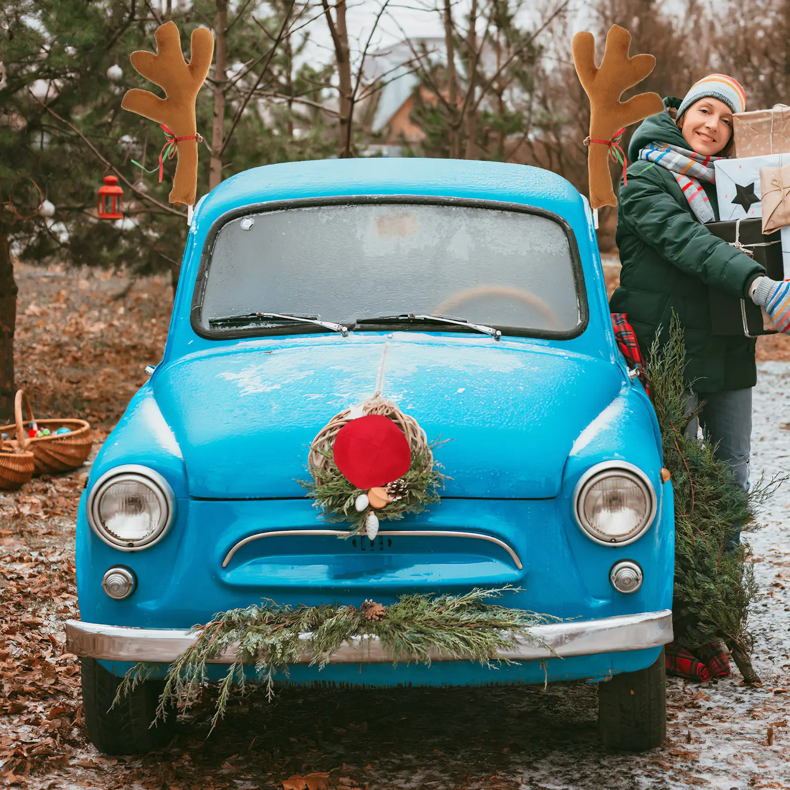 

1Set Christmas Car Decor Reindeer Antlers Auto Holiday Decoration Festive Driving Accessory Stand Out Crowd Bell Ribbon Detail