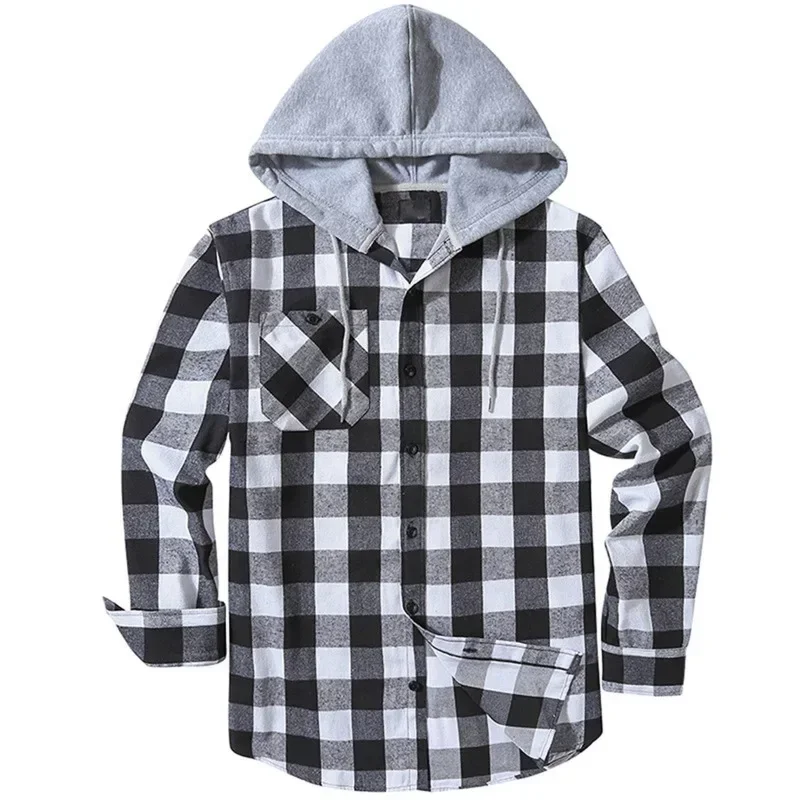 Classic Plaid Men's Shirts Hooded Long Sleeve Button Up Sports Shirt Spring Autumn Outdoor Hoodie Jacket（T-shirt not included）