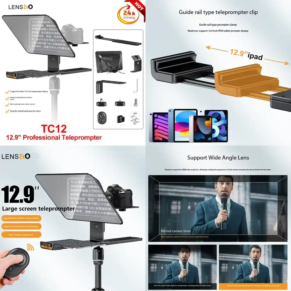 LENSGO TC12 Teleprompter de 12,9" Acessórios Profissionais de Fotografia Kits de Estúdio Fotográfico para Telefone, Câmera