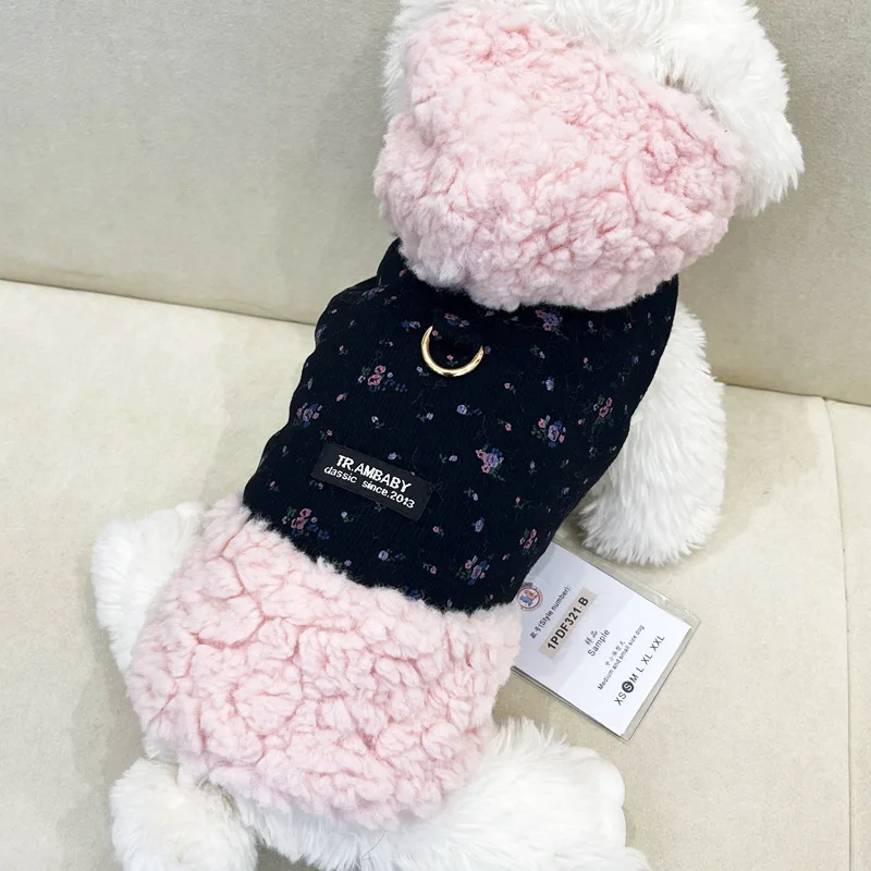 Pet Lamb Fleece Hoodie with Drawstring Buckle Splicing Lamb Fleece Coat Yorkshire Bear Teddy Small Dog Pet Floral Vest Puppy