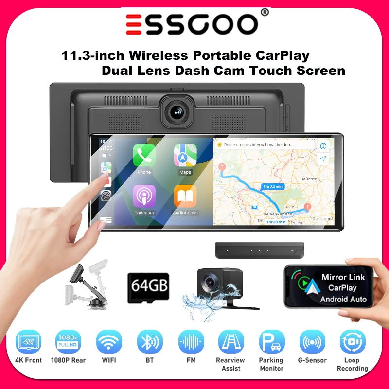 Tragbare ESSGOO 11.3" 4K Ultra HD Anzeige Wireless CarPlay LKW Autoradio Android Auto Doppellinsen-Dashcam-Rekorder 1080p Heckkamera GPS Bluetooth FM Subwoofer Mirror Link Lenkradsteuerung
