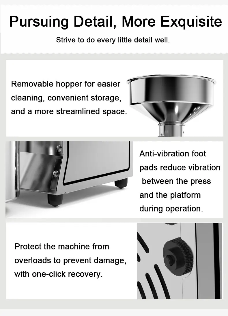 2025 Verbesserte Ölpressmaschine, 110 V/220 V, Doppelspannung, geräuscharm, leicht zu reinigen, für kleine Unternehmen/Haushalt, Edelstahl in Lebensmittelqualität – Detail 12