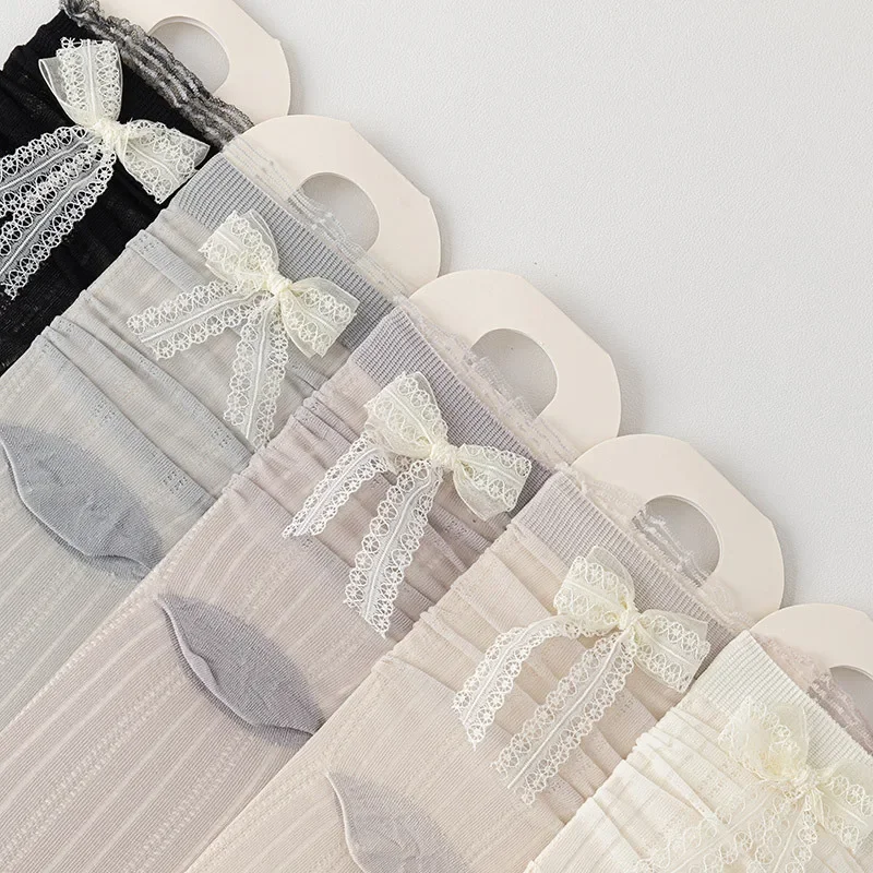 Modne skarpetki z falbankami, siateczką i kokardką, w stylu baletowym Lolita, do połowy łydki, damskie, oddychające, słodkie skarpetki, bielizna pończosznicza dla kobiet.