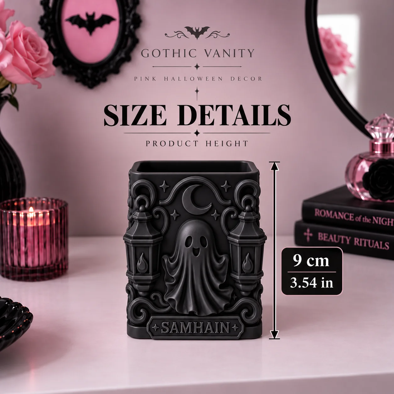 Halloween Ghost-Shaped Desktop Storage Ornament, Gothic Style Moon and Star Embossed Makeup Brush Holder, Festive Atmosphere Decoration for Dressing Table and Desk