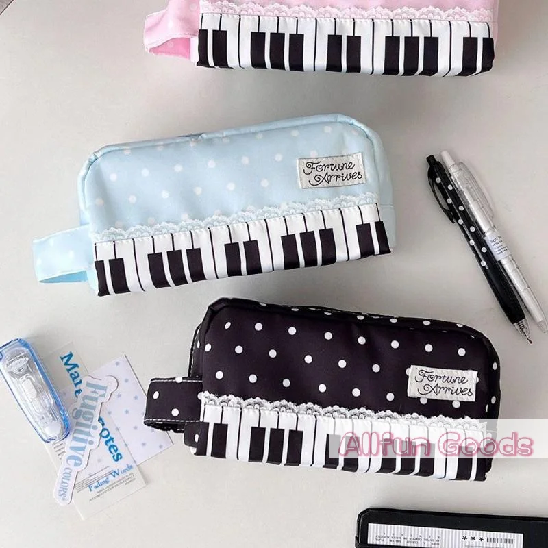 [TG835]Kawaii Polka Dot Piano Key Print Pencil Case With Handle Large Capacity Pencil Pouch Stationery Bag Gift