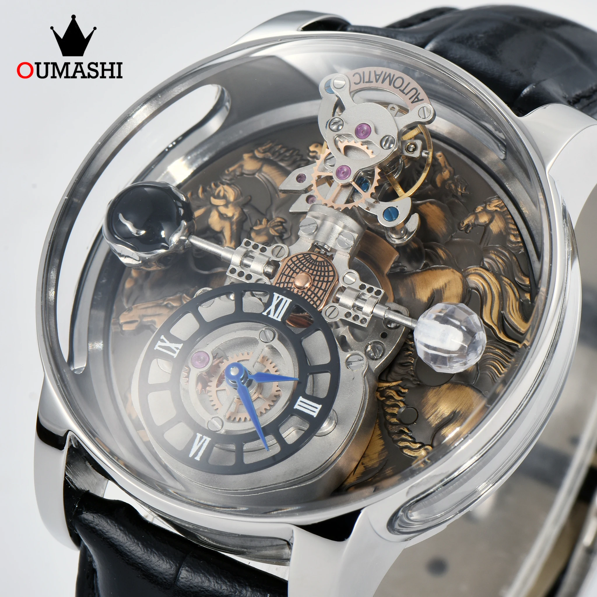 

46mm Vintage Horse Men’s Fashion Quartz Watch 316L Stainless Steel Case Swiss Quartz Movement High-Hardness Glass Leather Strap