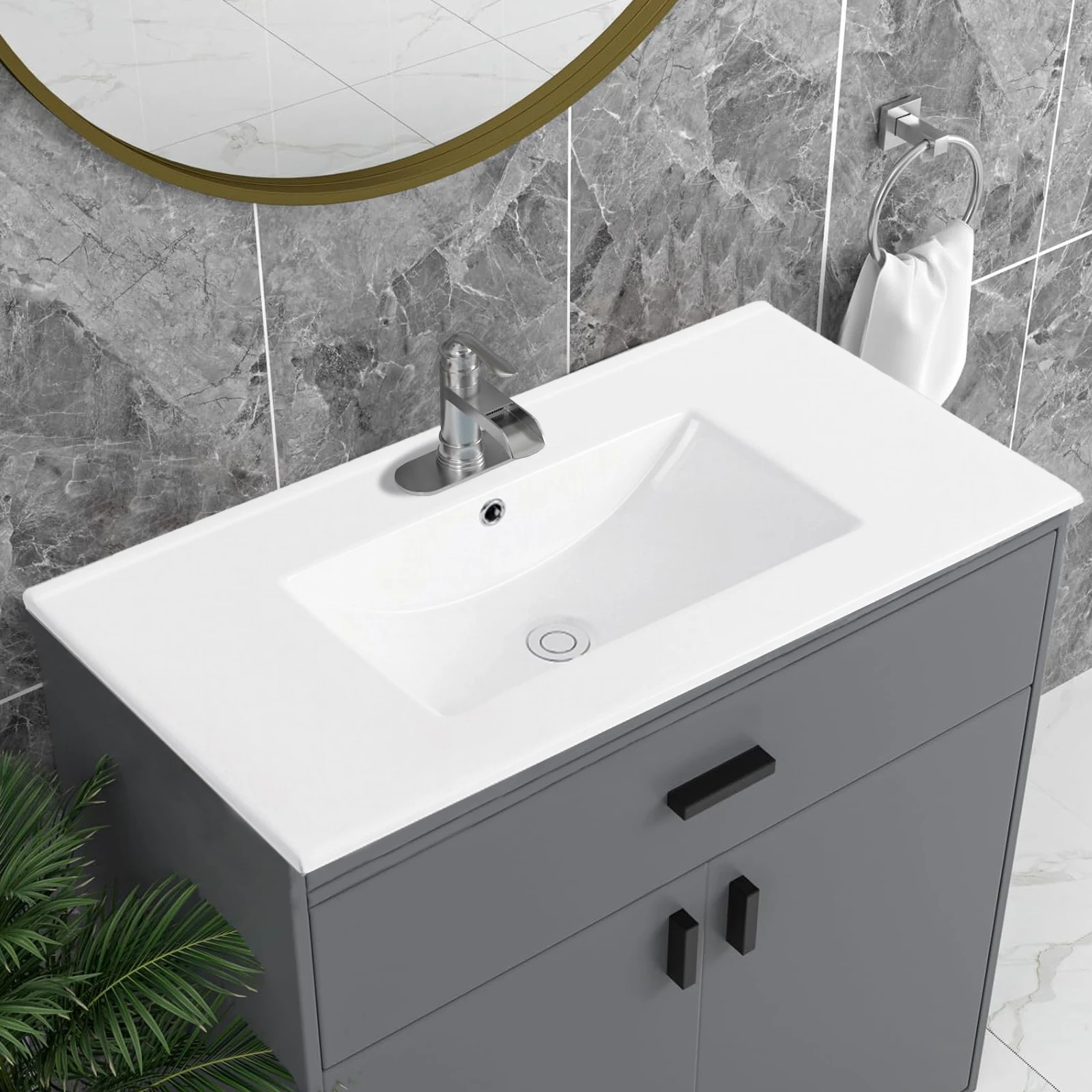 1pc 36 inch Porcelain Ceramic Vanity Sink Top, Surface Bathroom Vessel Sink Basin with Single Faucet Hole, Rectangular, Glossy