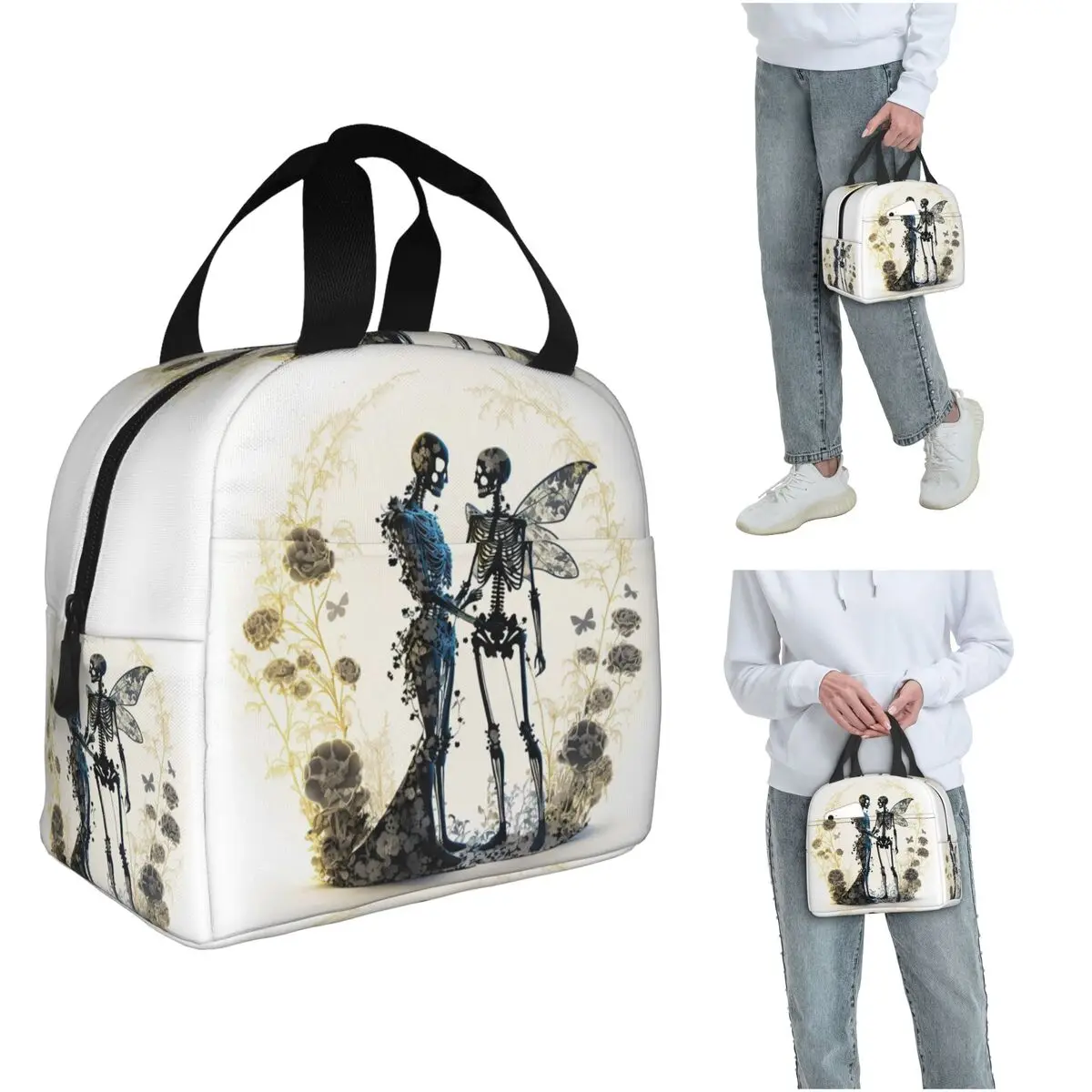 

Термосумка для обедов с изображением двух влюбленных скелетов и бабочек для женщин и детей, портативная термосумка для еды, термосумка-тоут