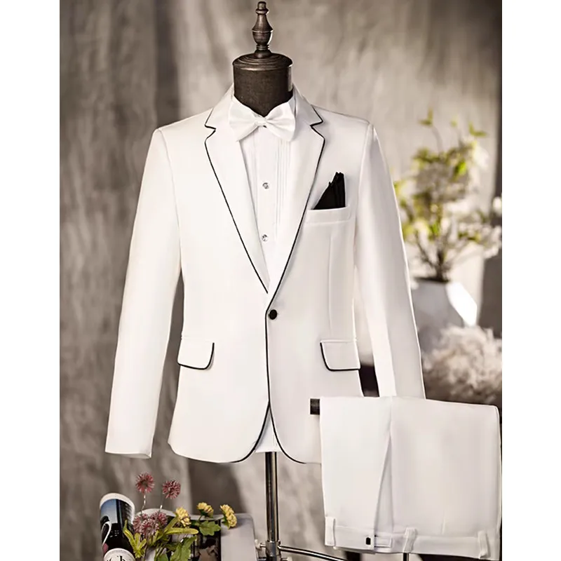 

Костюм для свадебной фотографии, мужской белый костюм для выступления певицы, сценические официальные костюмы, однотонный тонкий смокинг, брюки, вечерняя вечеринка, комплект из 2 предметов