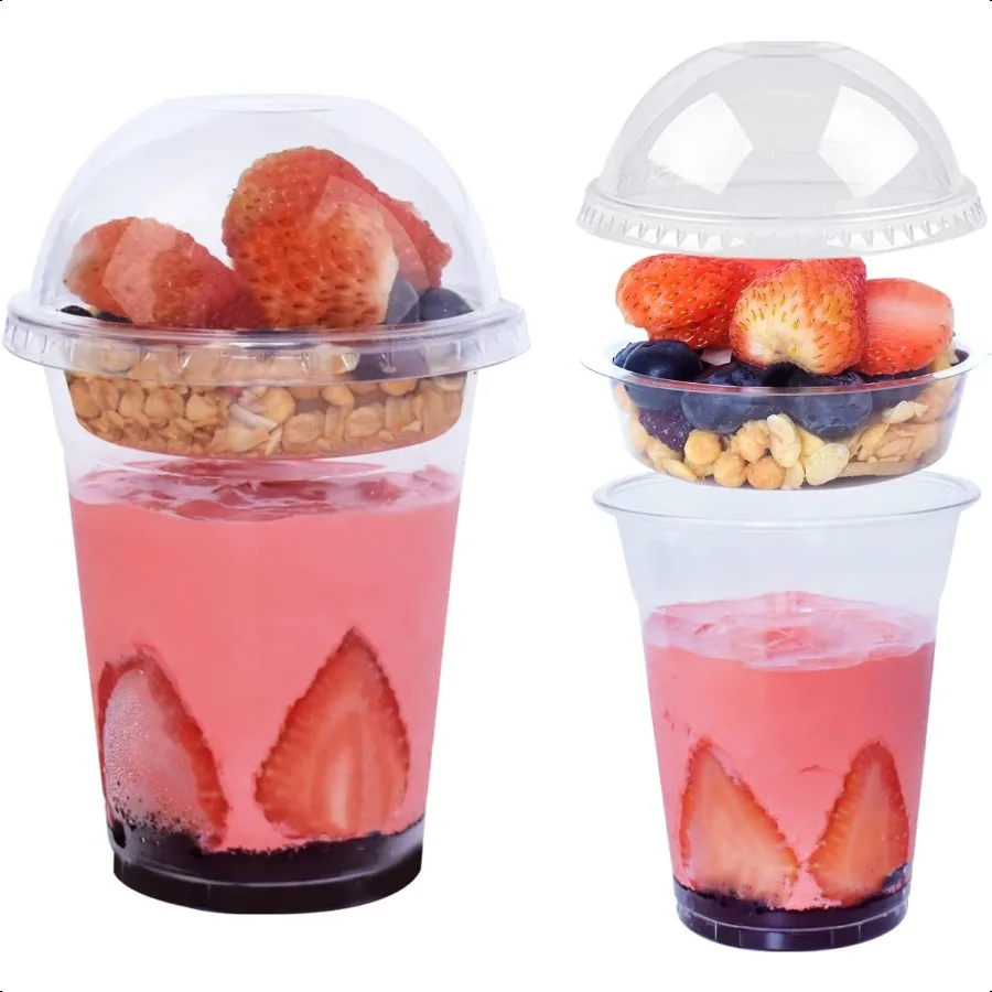 

50 Sets 12 oz Clear Plastic Cups with Insert and Dome Lids NO HOLE Disposable Parfait Cups with Lids for Fruit Yogurt Smoothie