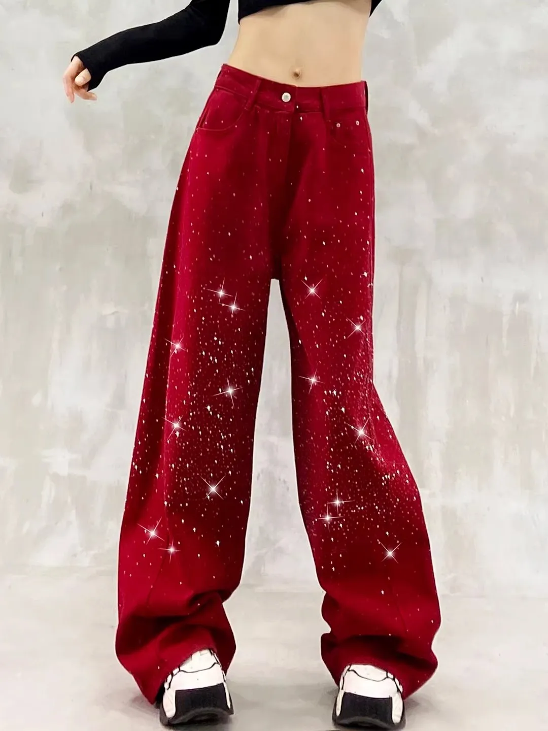 

Retro Casual Glittering Denim Jeans High Waist Loose Slim Wide Leg Pants Women's Faion Spring New Arrival Blue Color