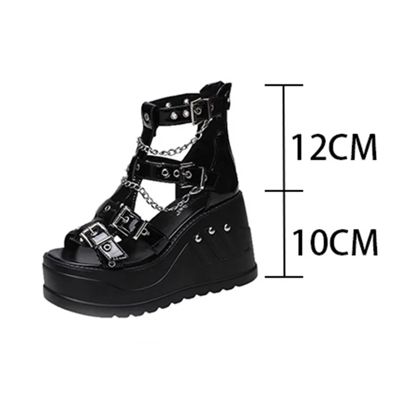 Women Wedges Sandalias High Heel Gothic Punk Comfy Walking Back Zip Chains Platform Ladies Shoes Sandalias De Mujer Verano 2024