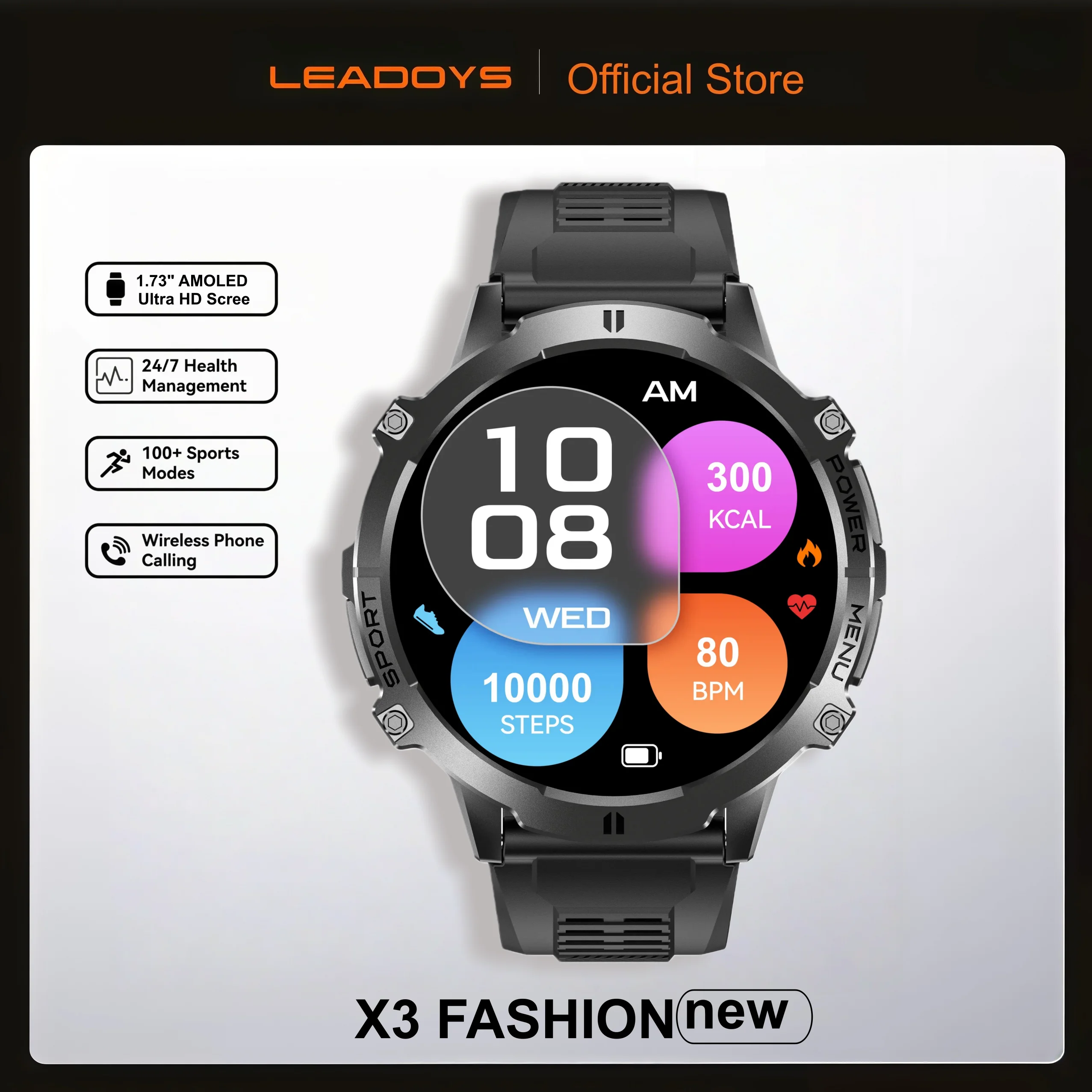 

LEADOYS X3 Smart Watch 1.73inch AMOLED Display with 900mAh Battery Bluetooth Calls Blood Oxygen & Fitness Tracker Sport Smartwat