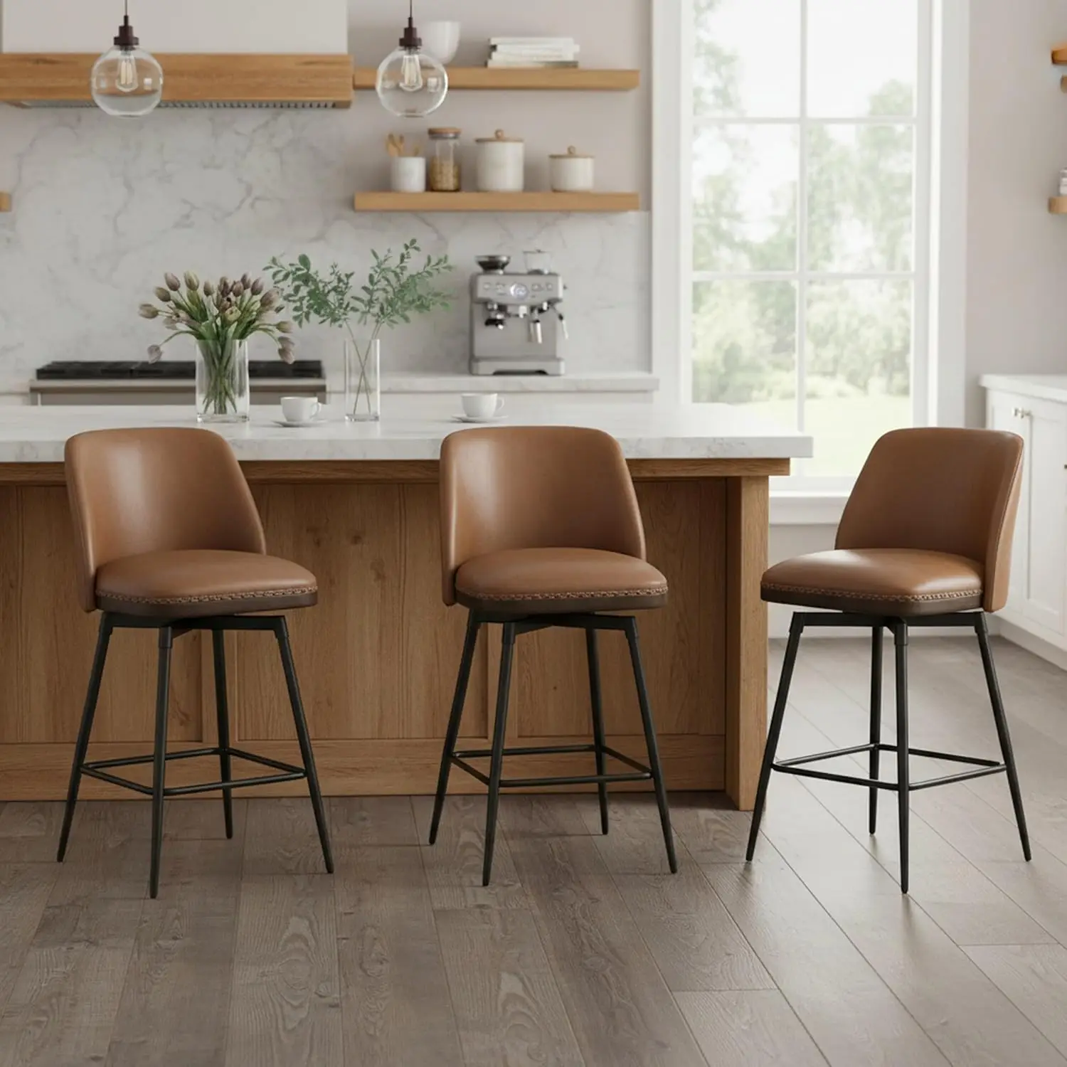 

26in Swivel Counter Stool Set Faux Leather Wood Trim Kitchen Island Brown, Customized