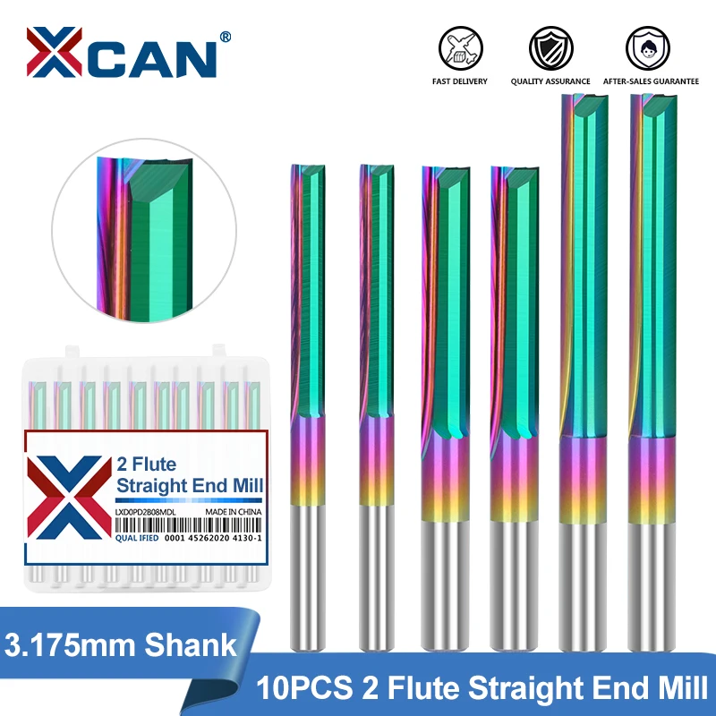 

XCAN Milling Cutter 10pcs 1/8 3.175mm Shank 2 Flute Straight End Mill Upgrade Nano Coating CNC Router Bit for Woodworking Tools