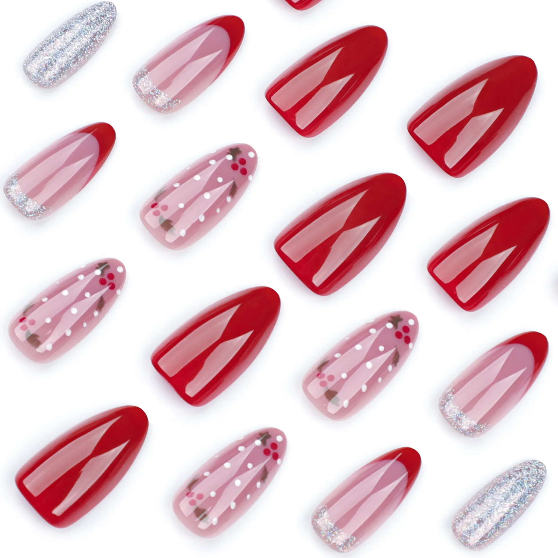 Faux Ongles Français à Rayures Rouges, Bonbons, Paillettes Argentées, Rose, à Pression, N64.Noël, Courts, Amandes, Portables, 24 Pièces