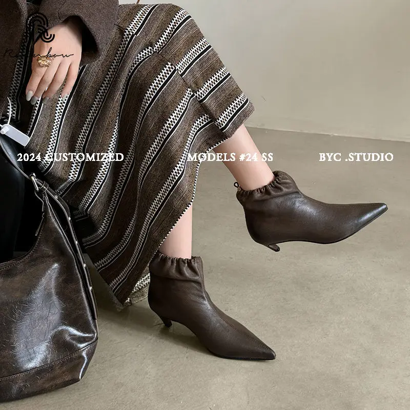 RAINBOW Elastic Band Drawstring Ankle Boots Pointed Toe Stiletto Pleated Splicing Booty Runway Show Retro Luxury Genuine Leather